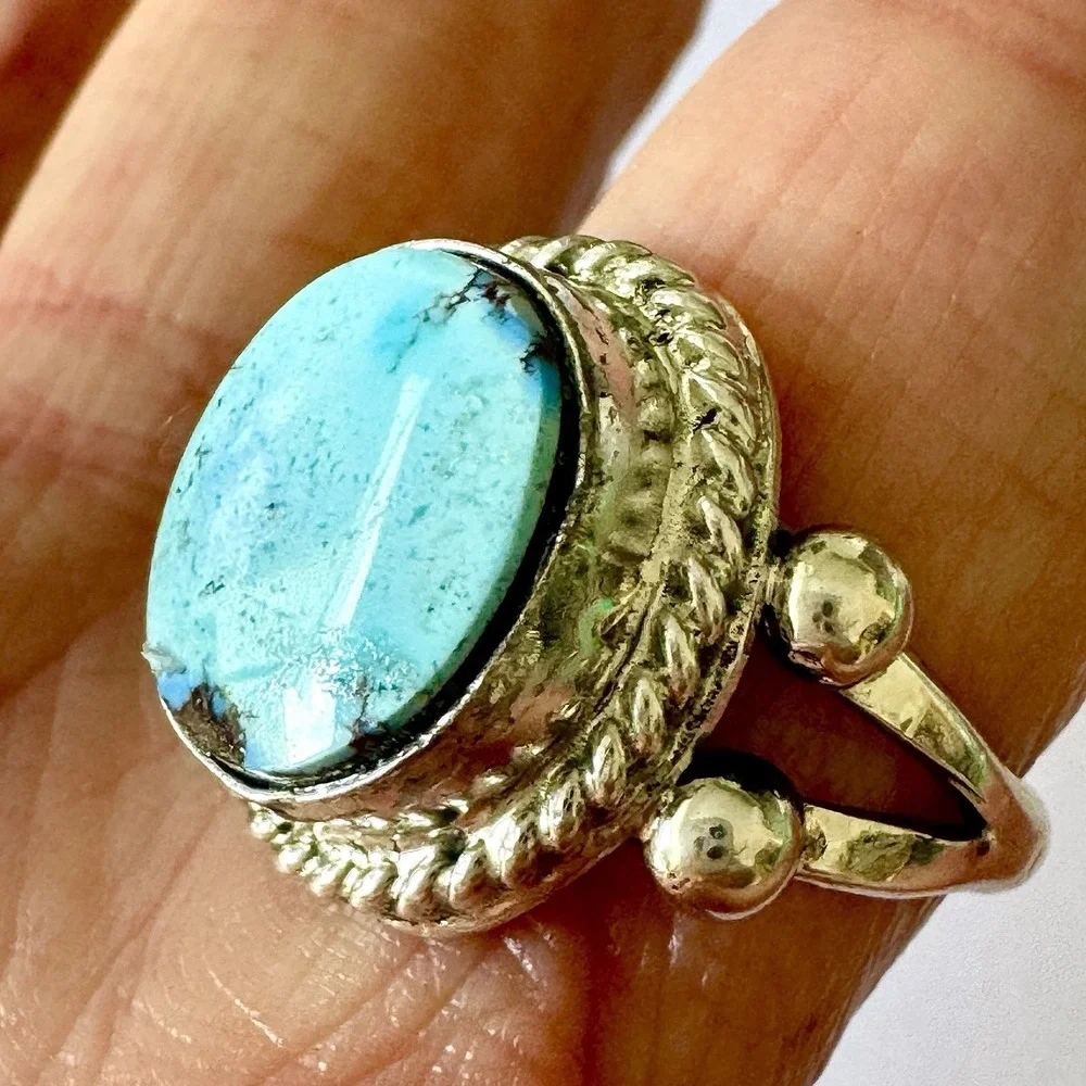 Navajo Turquoise Ring Blue Golden Hills Sz 7 Sterling Signed‎ Martinez Native